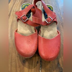 Red Leather Clogs with Buckle Straps